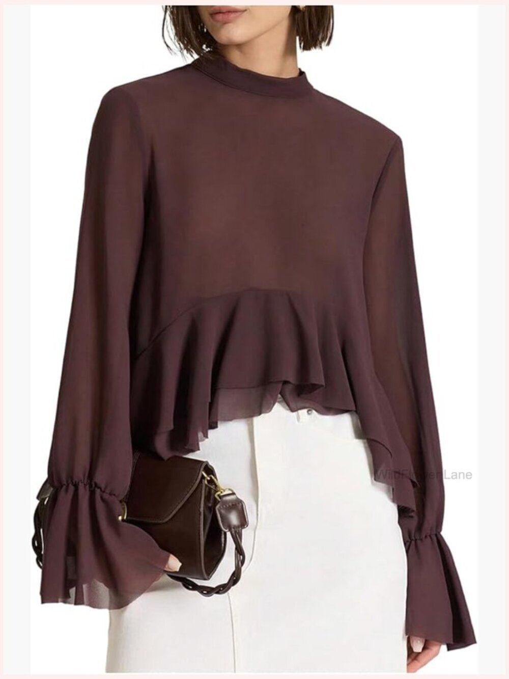 Women's Chiffon Blouse Asymmetrical Dressy Flowy Tie Back Long Sleeve Ruffle